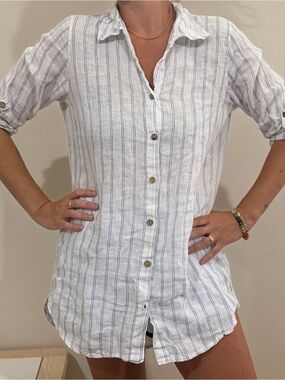 Elegant White Striped Women's Linen Swim Coverup